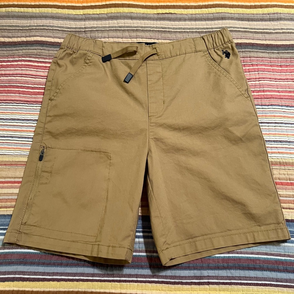 US Polo Assn Kids Khaki‎ Cargo Shorts Elastic Waist Drawstring Logo Size XXL 18